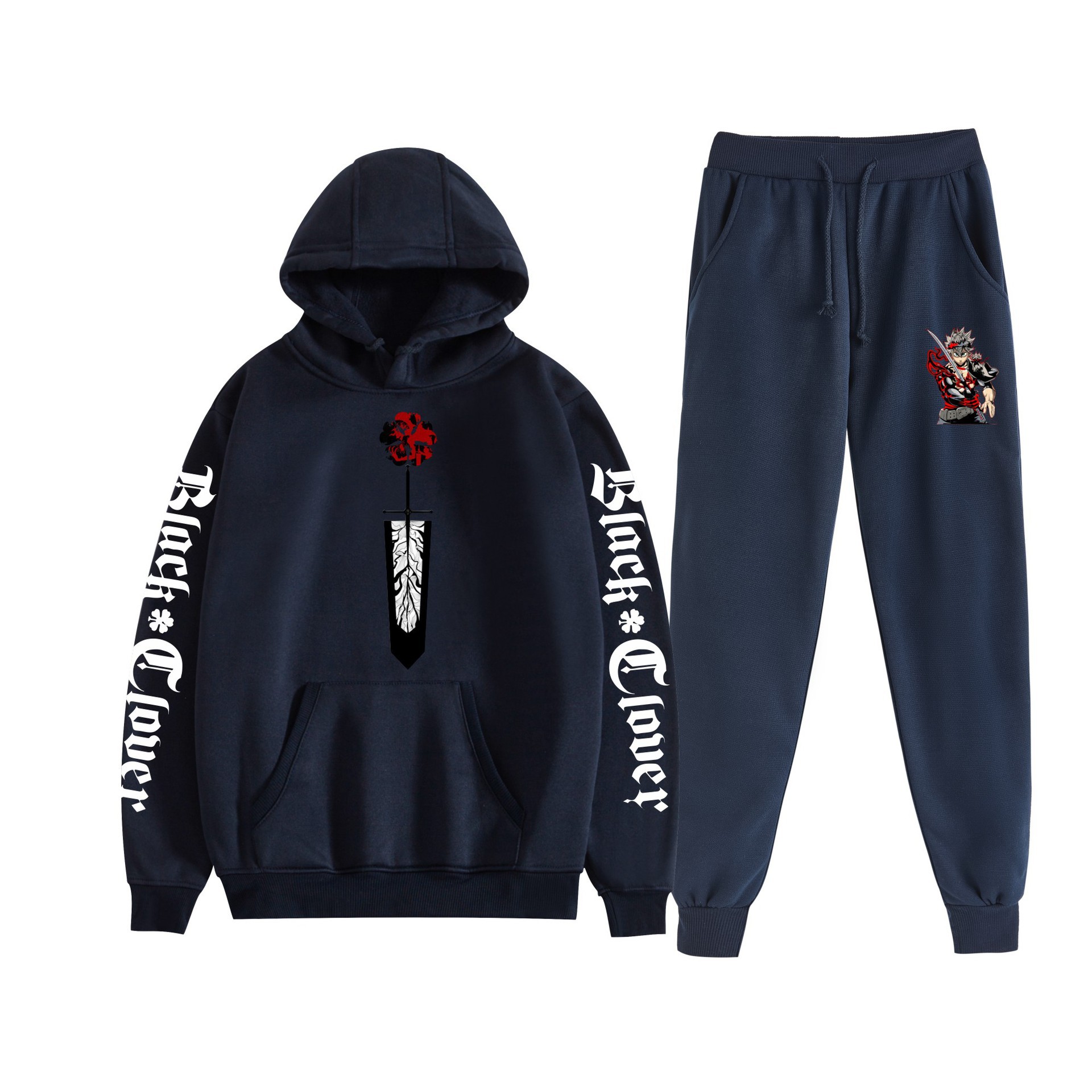 Trébol de cuatro hojas negro nuevo estilo transfronterizo Black Clover pareja suéter con capucha hombres y mujeres pantalones de dos piezas