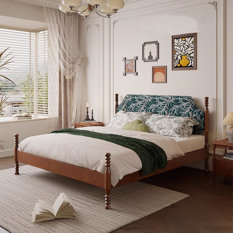 Danvas estilo francés retro estilo medieval toda cama doble de madera maciza cama de cama principal cama de madera de avele cama de cera blanca cama
