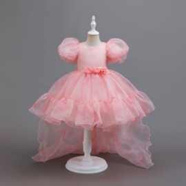 跨境女童拖尾礼服裙 粉色网纱泡泡袖公主裙 儿童走秀演出蓬蓬裙