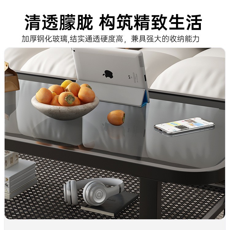 Mesa de té sala de estar doméstica pequeña casa sofá tabla lateral 2025 nueva mesa de té de vidrio cuadrada de hierro forjado mesa de té de doble capa