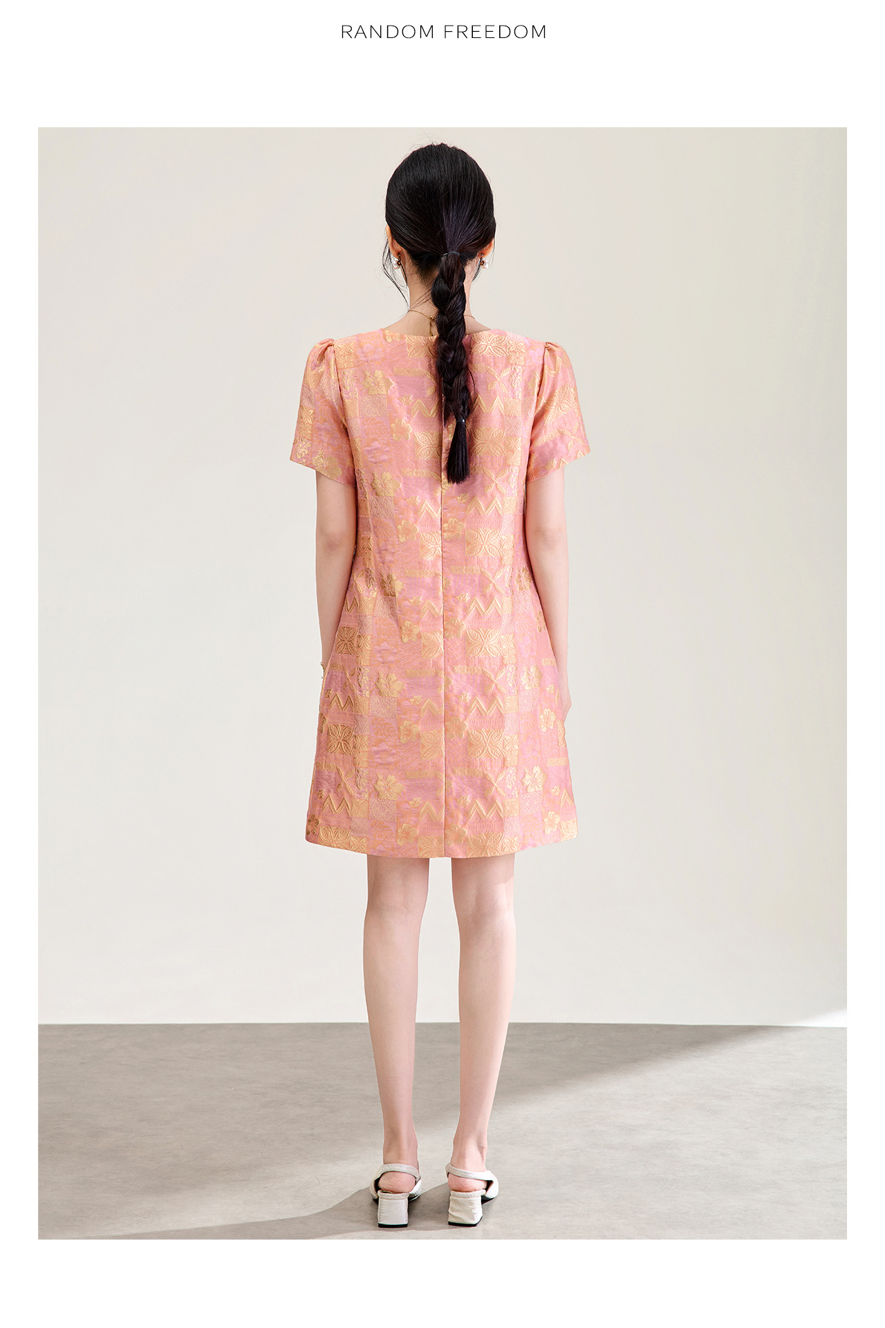 Đầm chữ A nữ jacquard họa tiết hoa nhí phong cách tiểu thư — màu hồng chi tiết 15
