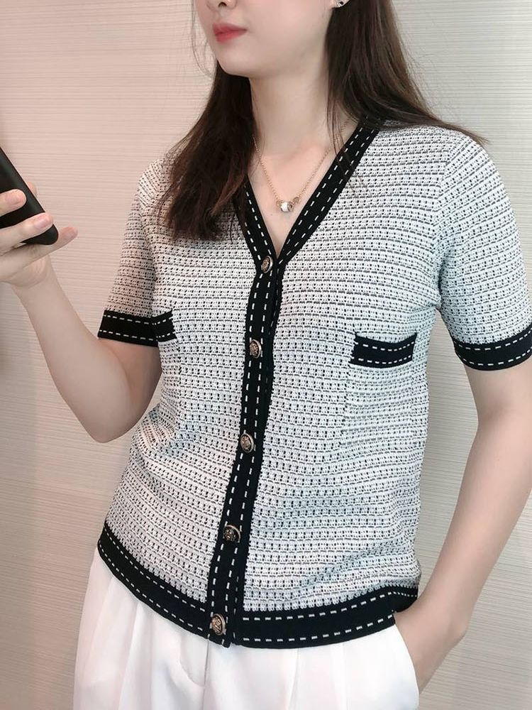 Áo cardigan nữ cổ chữ V tay ngắn dệt kim phong cách tiểu thư — Màu xám