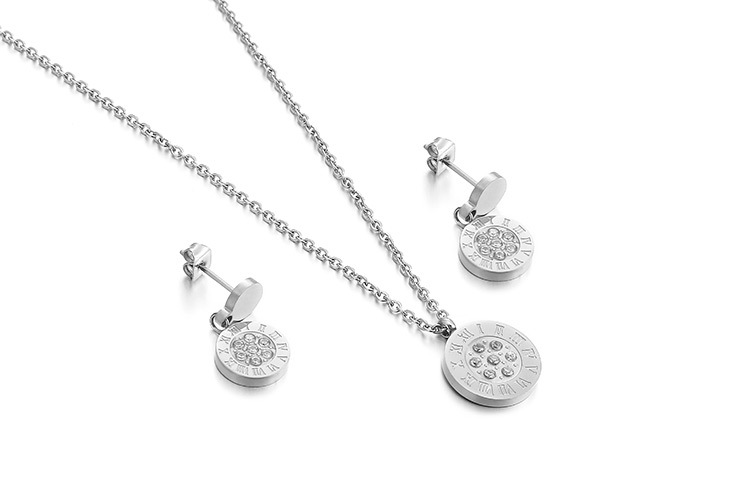 wholesale fashion geometric diamond pendant titanium steel earrings necklace set Nihaojewelry