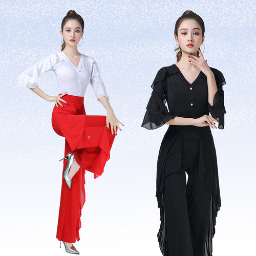 Square dance modern dance top new women's black lotus leaf three-quarter sleeve top elegant dance Latin dance costume jitterbug suit