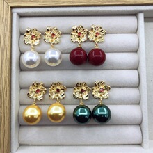 法式复古正圆强光珍珠微镶锆石花朵铜镀真金高级感耳饰女S925银针
