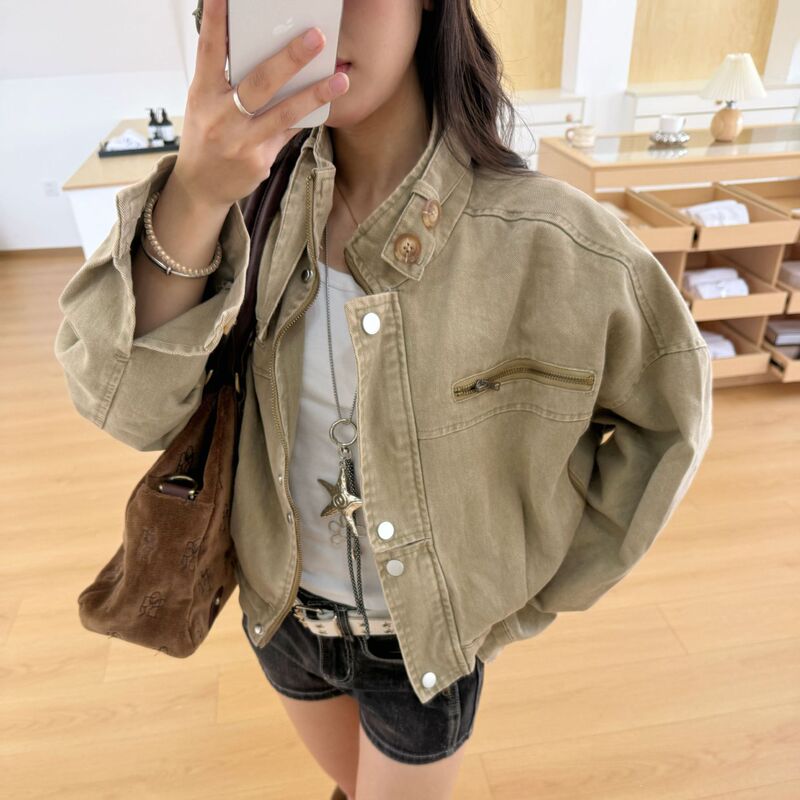 Motorcycle Style Retro Stand-Up Collar Denim Jacket for Women 2026 Spring New Street Style Cool Versatile Spicy Girl Jacket Top Motorcycle Style Retro Stand-Up Collar Denim Jacket for Women 2026 Spring New Street Style Cool Versatile Spicy Girl Jacket Top