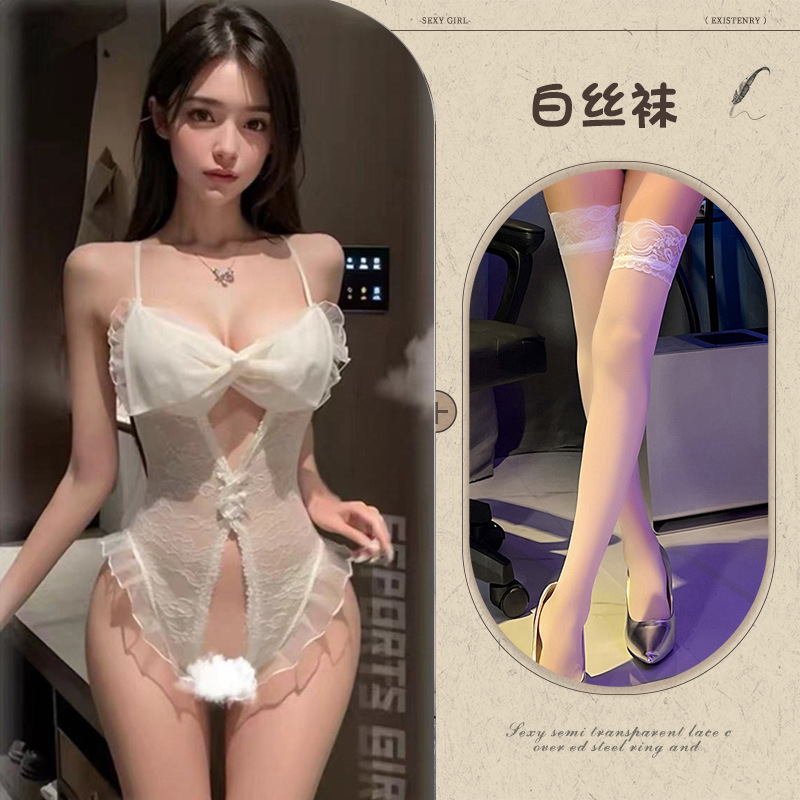 화이트[레이스 오픈 원피스] + 화이트 스타킹