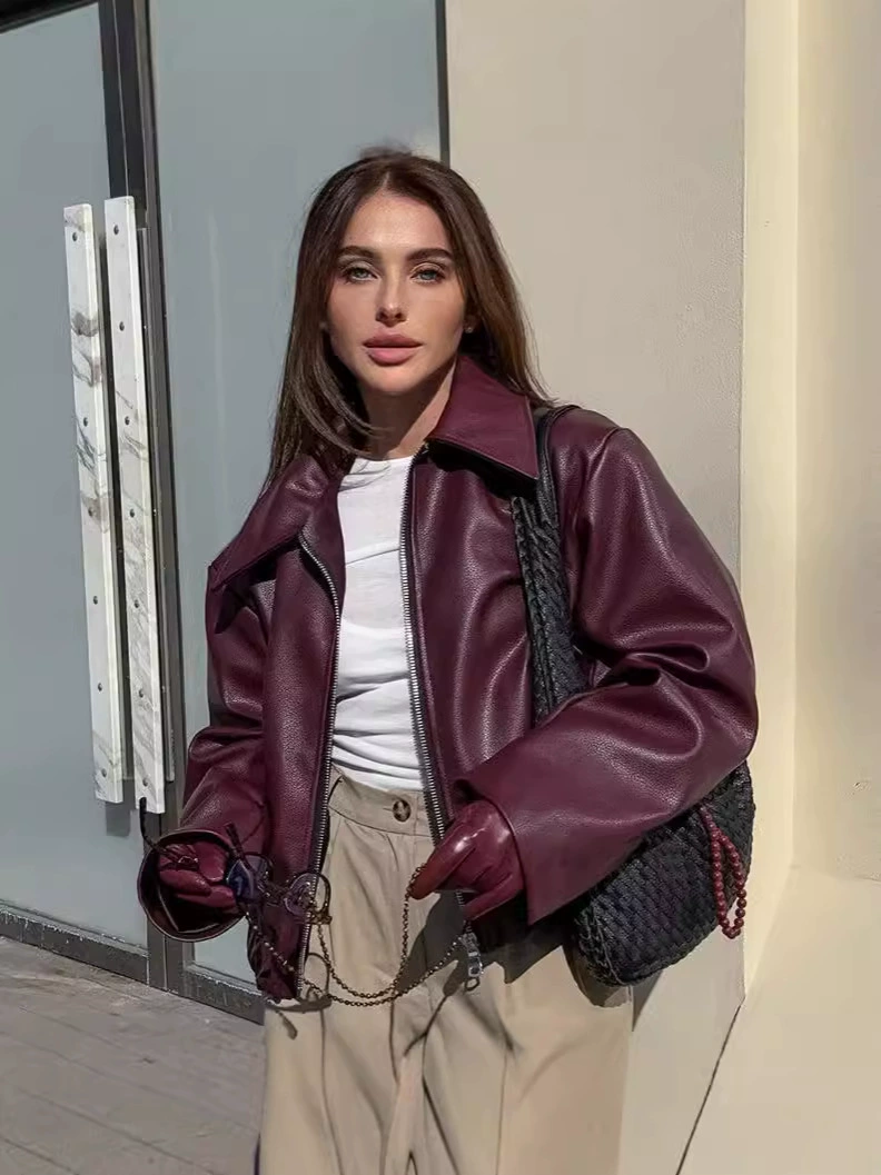 Демисезонная oversize куртка, европейский городской стиль, кожзам, женская (S–XL)
