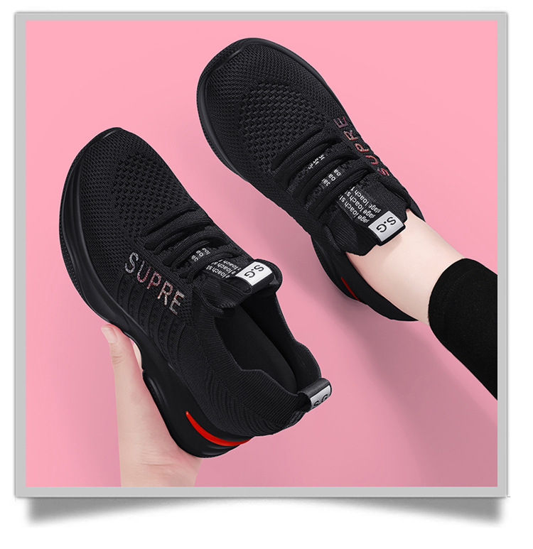 Giày sneaker nữ đế dày tăng chiều cao thoáng khí 2025 — LJ 9113 màu đỏ, LJ 9125 đen trắng thoáng mát phong cách mùa hè, LJ 8117 màu đen, JST 10115 đen đỏ chi tiết 12