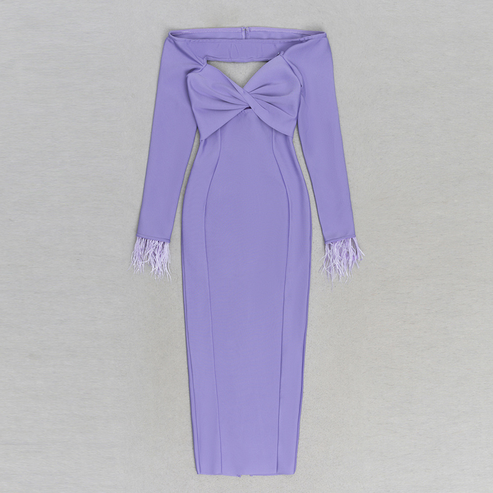 Bandage Simple Sexy Off The Shoulder Tube Top Long Sleeve Feather Sleeve Bandage One Piece Dress Dress