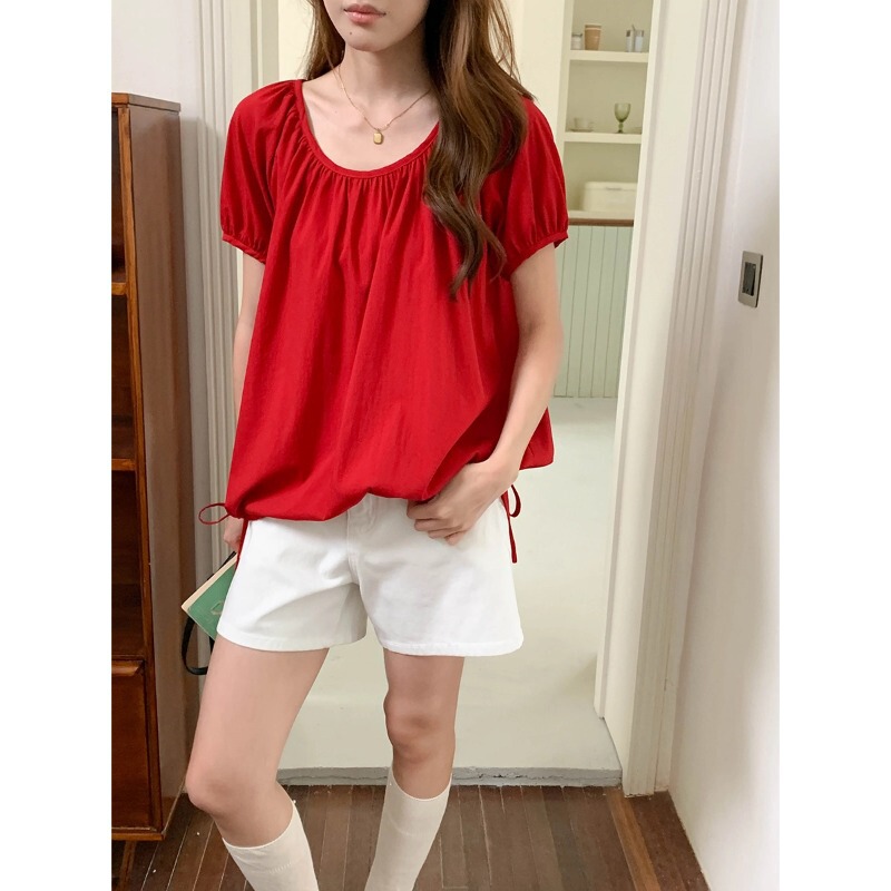 3Th Morning Midsummer Rose Design-Inspired Large Round Neck Drawstring Short-Sleeved Top Zy4257