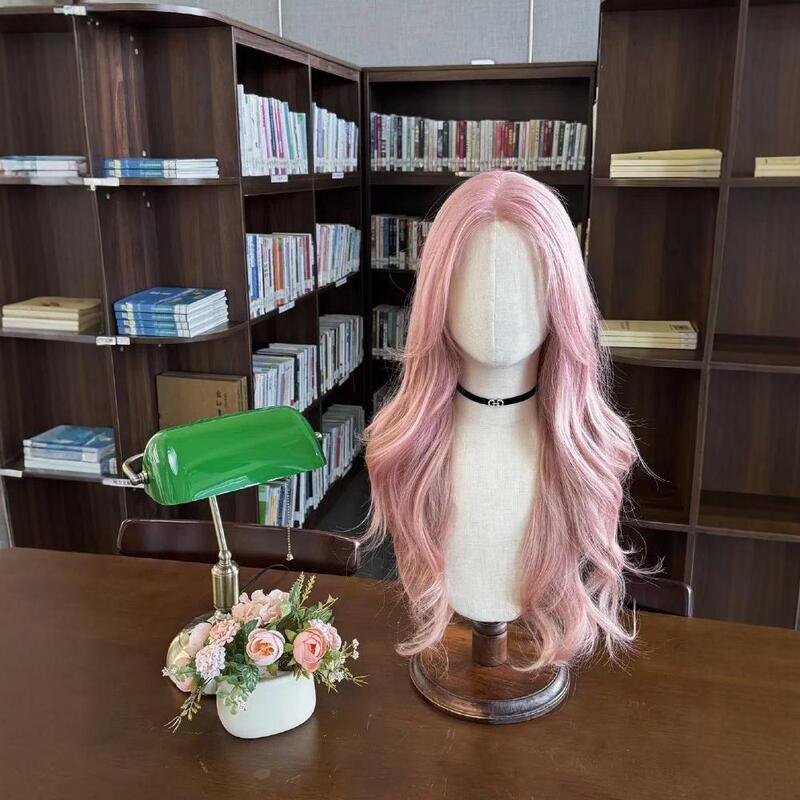 Front Lace Wig Women's Long Hair Natural Full Head Cover Women's Mid Rose Pink Long Curly Hair Imitation Full Human Hair Fake