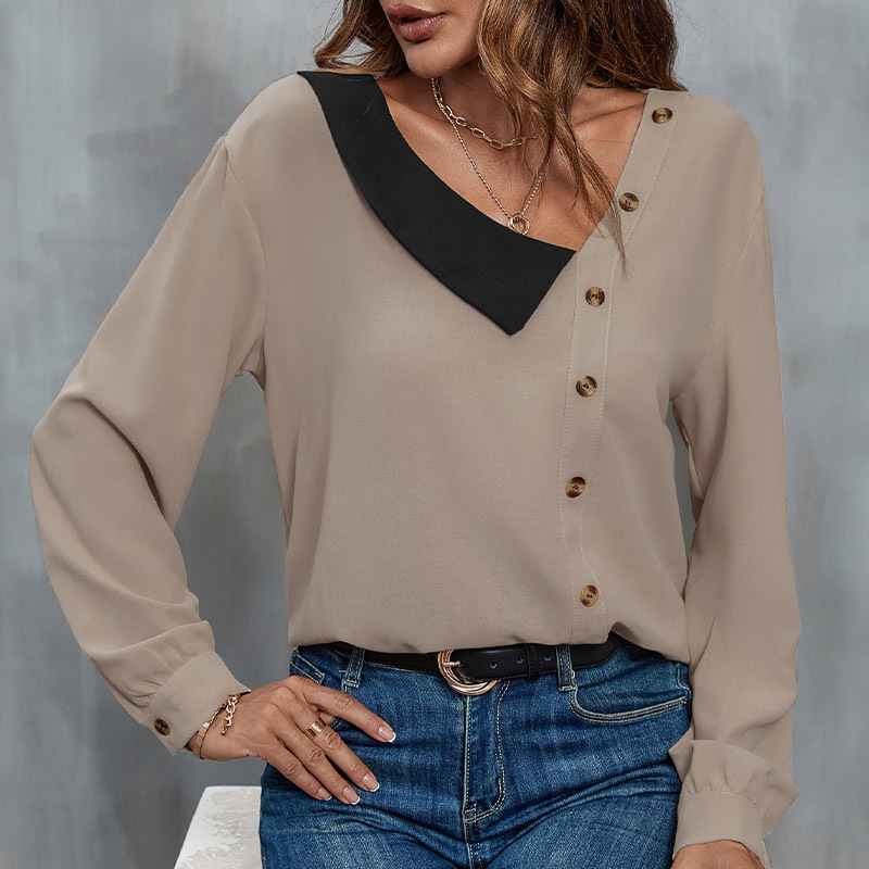 autumn new button v-neck long-sleeved knitted women's solid color blouses_voghion.com