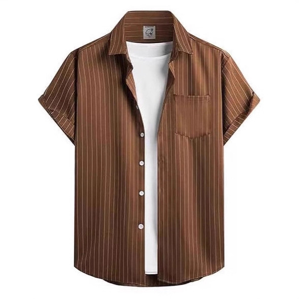 Men's Cross-Border Export 3D Digital Printing 2025 New Summer Stripesd Fit Pure Color Short-Sleeved Shirt Cardigan