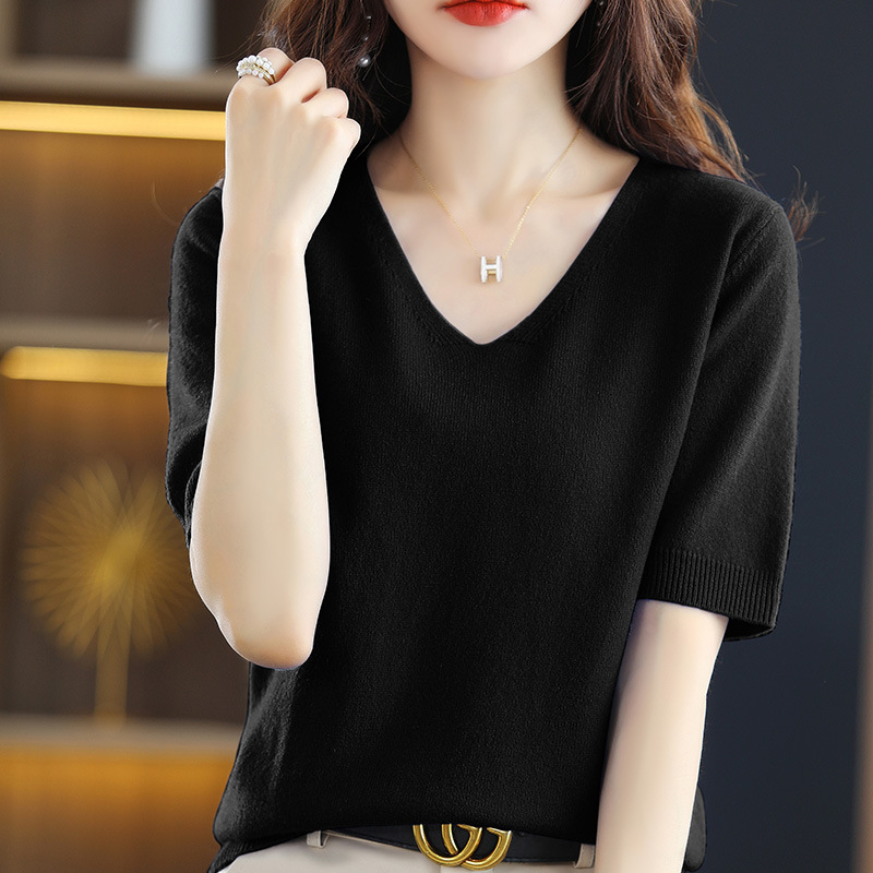 In-Stock New Spring Short-Sleeve Knit Top Women's T-Shirt Solid Color V-Neck Short-Sleeve Base Shirt Thin Top One Piece