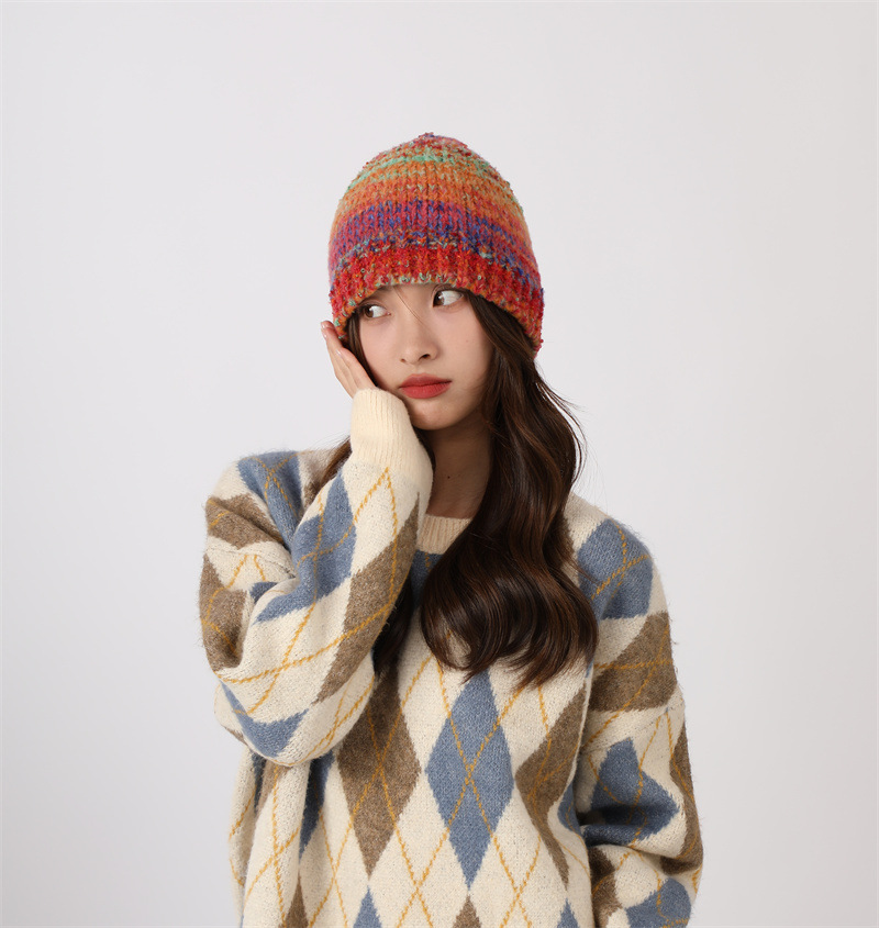 Dopamina Arcobaleno Colore Fatto a Mano per Bambini 2023 Nuovo Autunno/Inverno Lavorato a Maglia Baotou Caldo Freddo Cappello Set_voghion.com