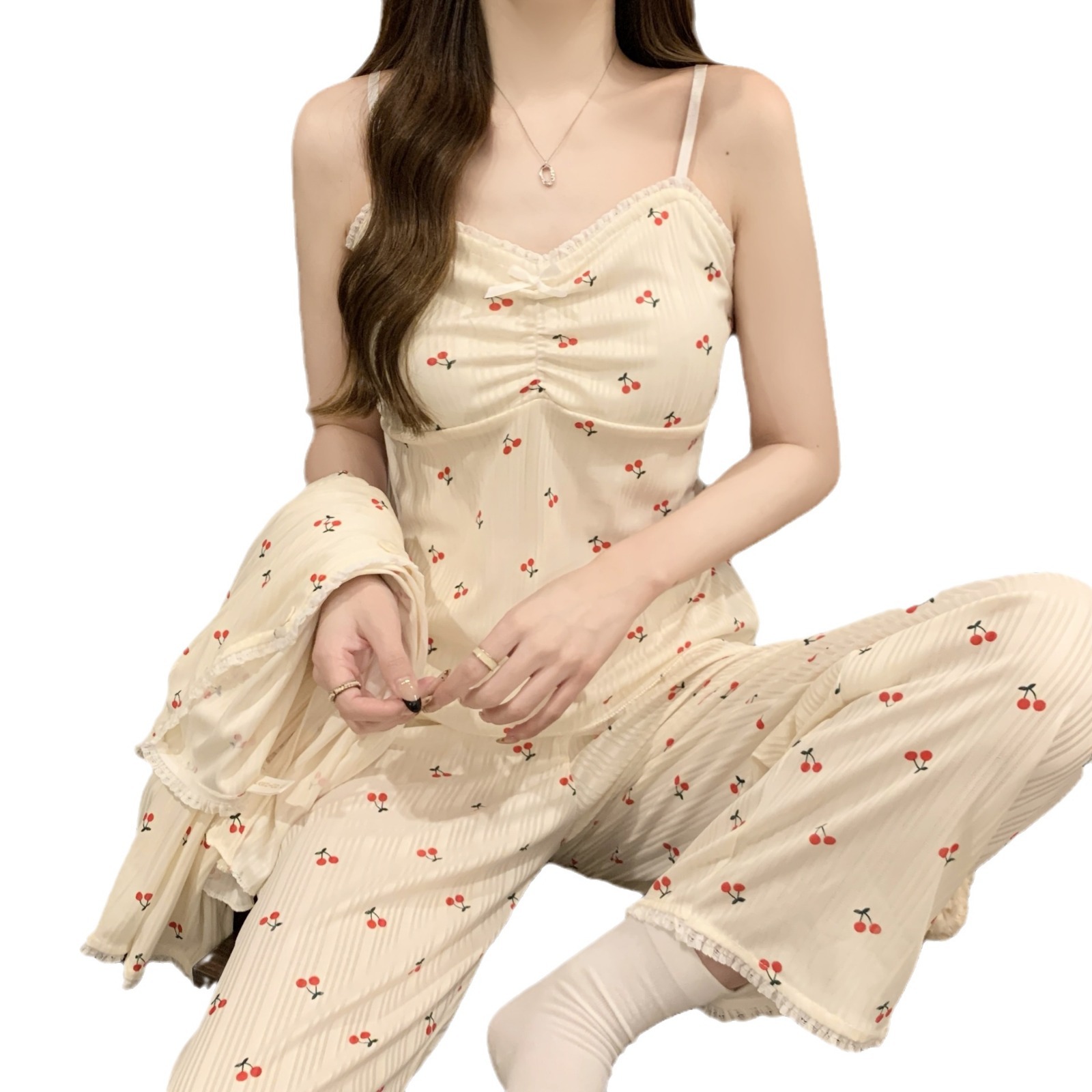 Pijamas de manga larga de las mujeres pantalones de suspensión conjunto de tres piezas con almohadilla en el pecho puro deseo estilo coreano dulce floral ropa para el hogar primavera y otoño