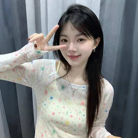 长袖防晒罩衫修身显瘦上衣夏季多巴胺女辣妹彩色星星小众美式T恤