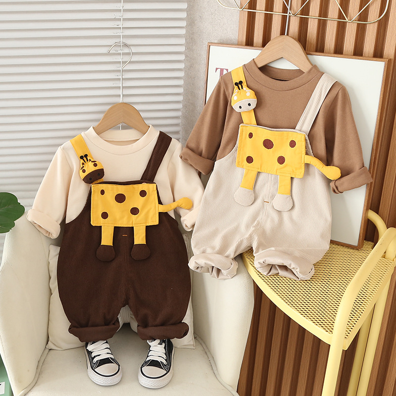 男の子の赤ちゃんの秋のオーバーオールスーツ、新しいスタイルのベビー子供服、男の子の春と秋の長袖スウェットシャツ2点セット|undefined