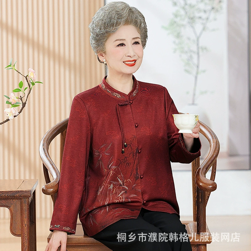 Пожилые люди весеннее платье бабушки рубашка новый длинный рукав красная мама весна лето топ старуха пожилая одежда