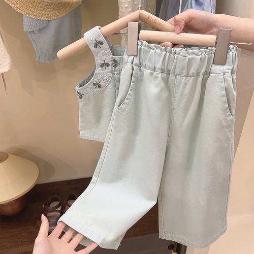 韩国童装2023夏季新款女童背心套装儿童刺绣花朵上衣休闲裤两件套
