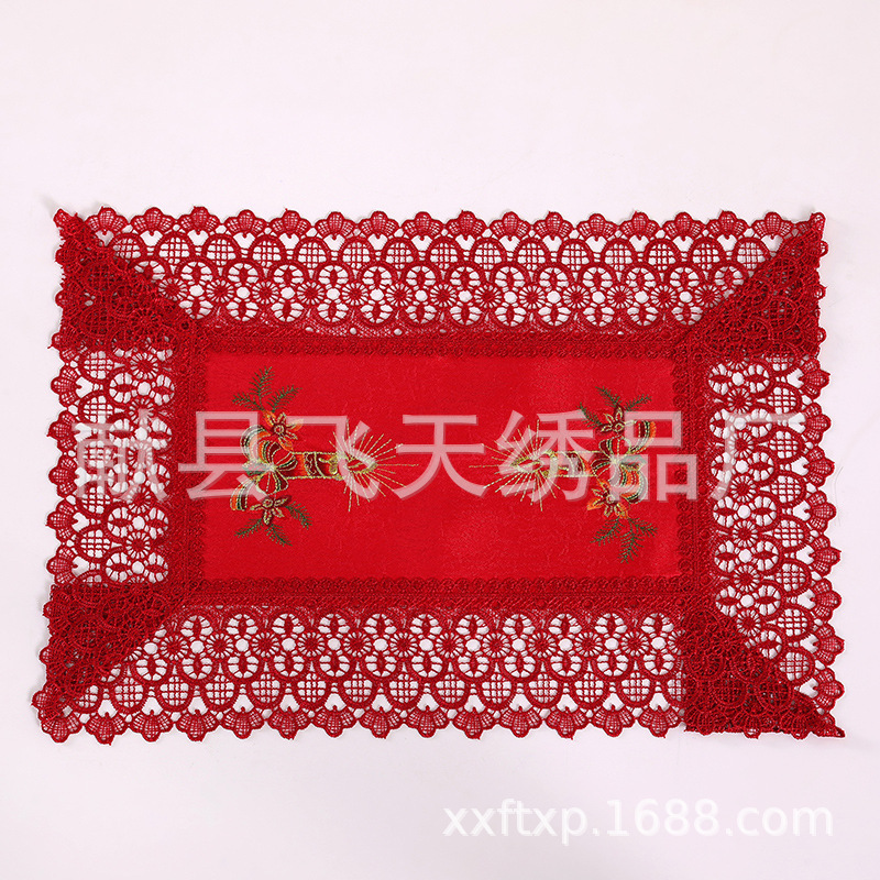 ヨーロピアンスタイルの刺繍レースの赤いプレースマット、布製の水溶性レース、茶器カバー、多用途の長方形のティーテーブル防塵布|undefined