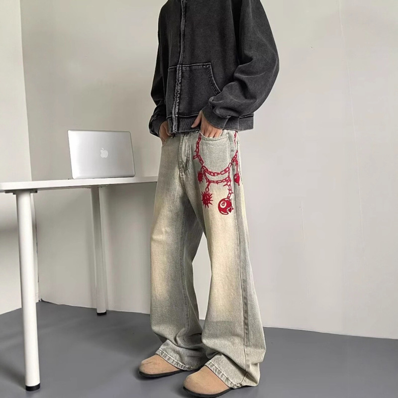 American Retro Embroidered Jeans European and American Hip-Hop Street Pants Men's High-End Design Straight-Leg Bootcut Pants American Retro Embroidered Jeans European and American Hip-Hop Street Pants Men's High-End Design Straight-Leg Bootcut Pants