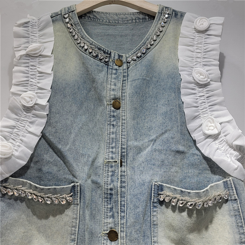 Dulce diseño de flores tridimensionales chaleco de vaquero para mujeres 2026 primavera y verano nuevo estilo estilo estilo exterior versátil chaqueta retro