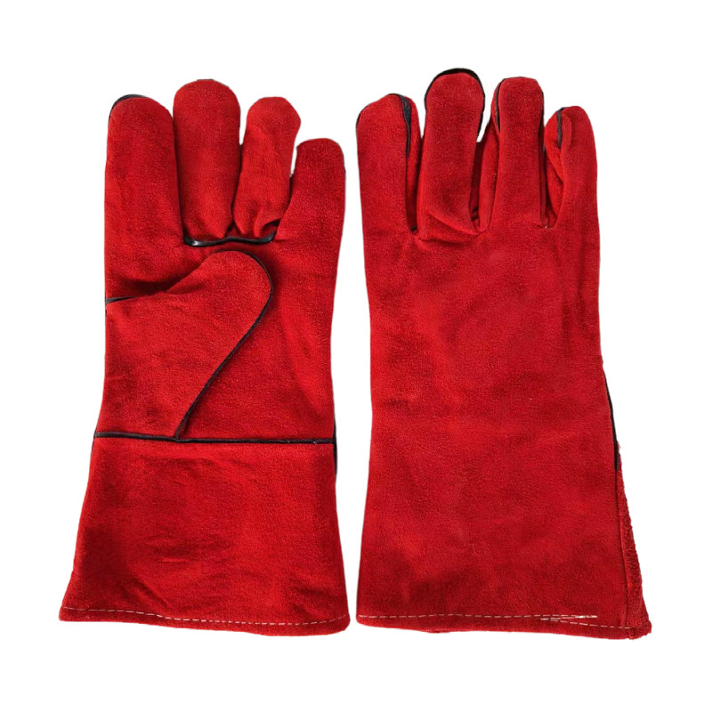 批发红牛二层皮电焊手套 14寸全皮长电焊手套 双层长皮防护手套