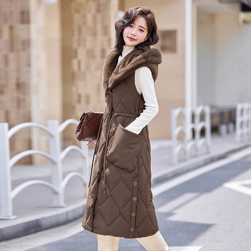 Chaleco de algodón largo de mujer sombrero de piel de otoño y invierno de estilo coreano chaleco de algodón de plumón de tamaño grande más grueso fuera del hombro