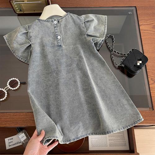 2024 Summer New Korean Style Girls' Washable Soft Denim Dress for Girls with Short Sleeve Children's Dress