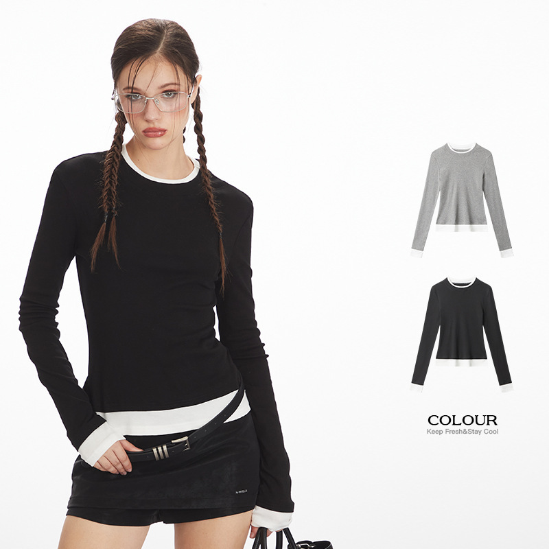Heyhenry Fake Two-Piece Slimming Look Long-Sleeved T-Shirt Bottoming Shirt for Women in Spring and Autum Contrasting Color Inner Shoulder Top Heyhenry Fake Two-Piece Slimming Look Long-Sleeved T-Shirt Bottoming Shirt for Women in Spring and Autum Contrasting Color Inner Shoulder Top