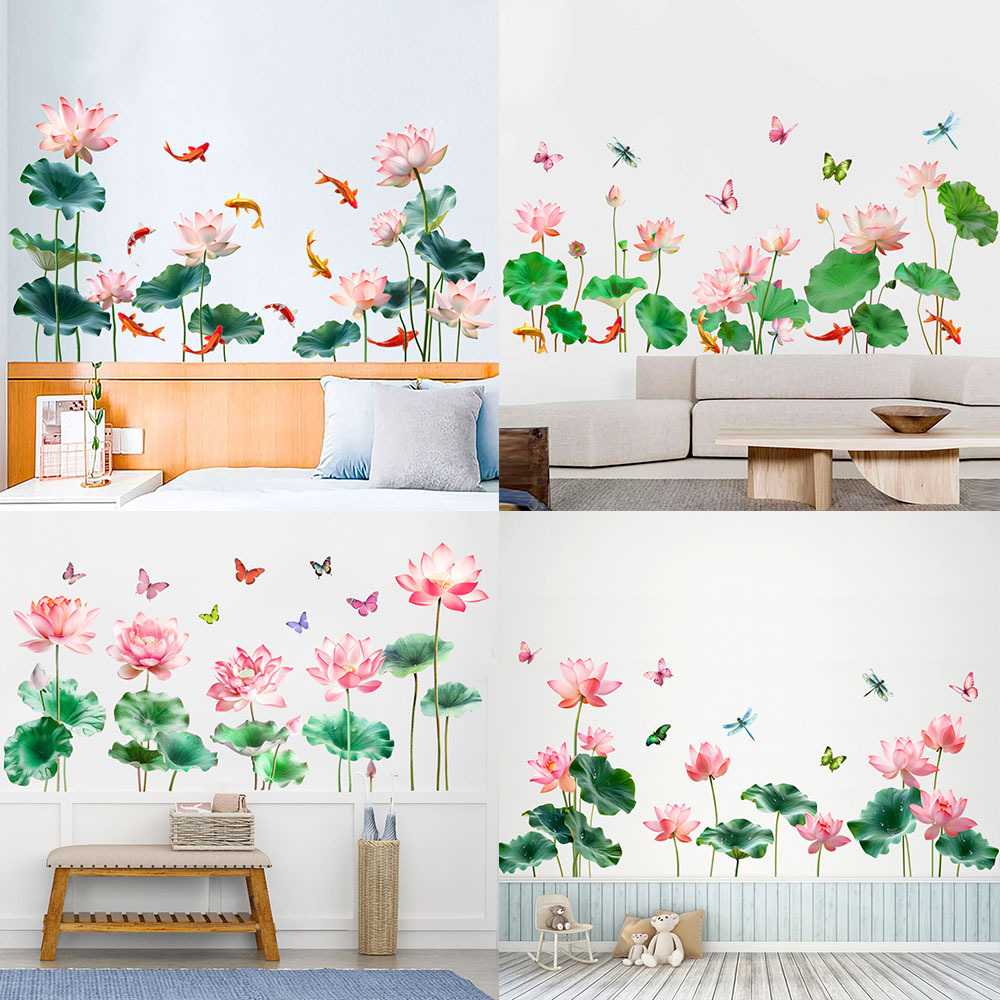 新款荷花九鱼图露珠荷叶蜻蜓蝴蝶自粘防水墙贴客厅卧室走廊装饰画