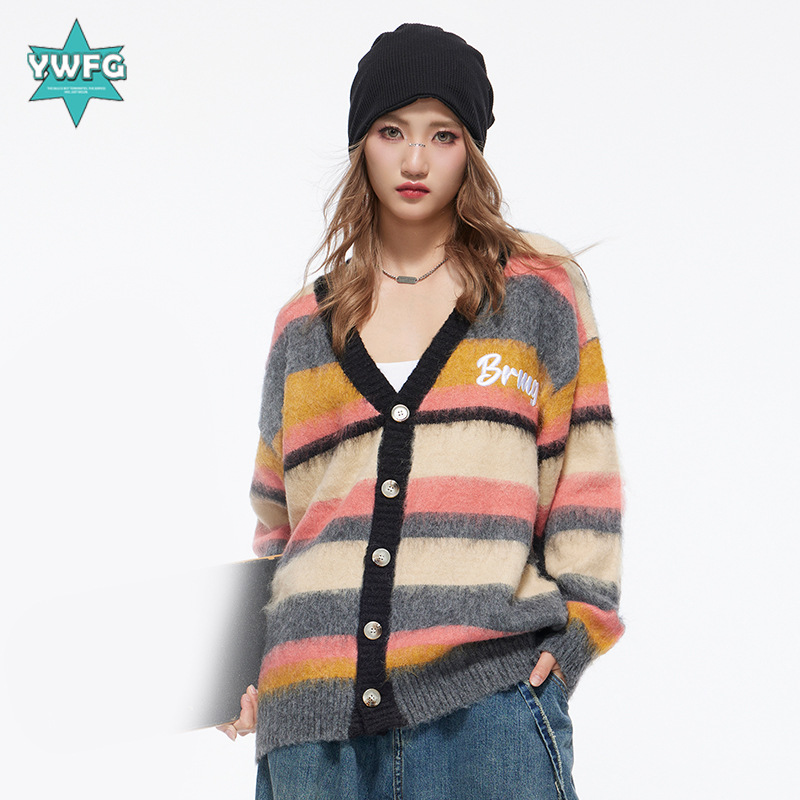 André | Suéter Popular en Europa y América, Estilo TEMU Amazon, Cárdigan de Punto con Bloques de Color a Rayas, Chaqueta Nueva para Parejas, para Mujer