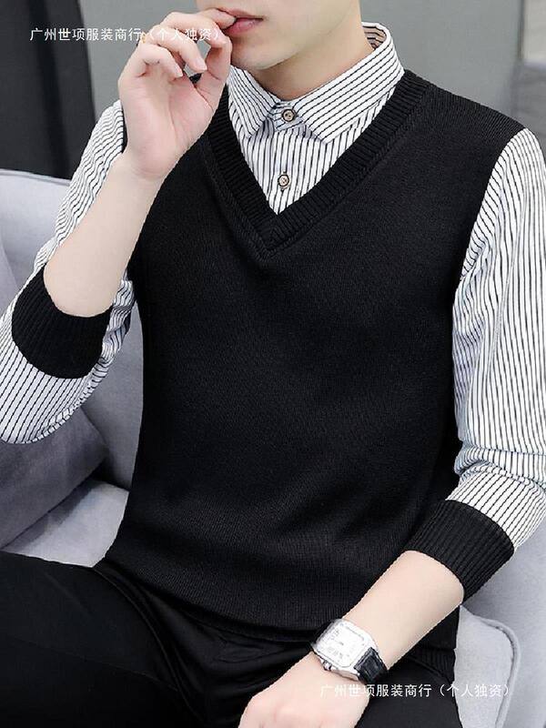 Fake Two-piece Long-sleeved Shirt Collar Sweater Men's Spring, Autumn and Winter Korean Style Fashionable fleece-lined Thickened Warm Knitted Base Shirt