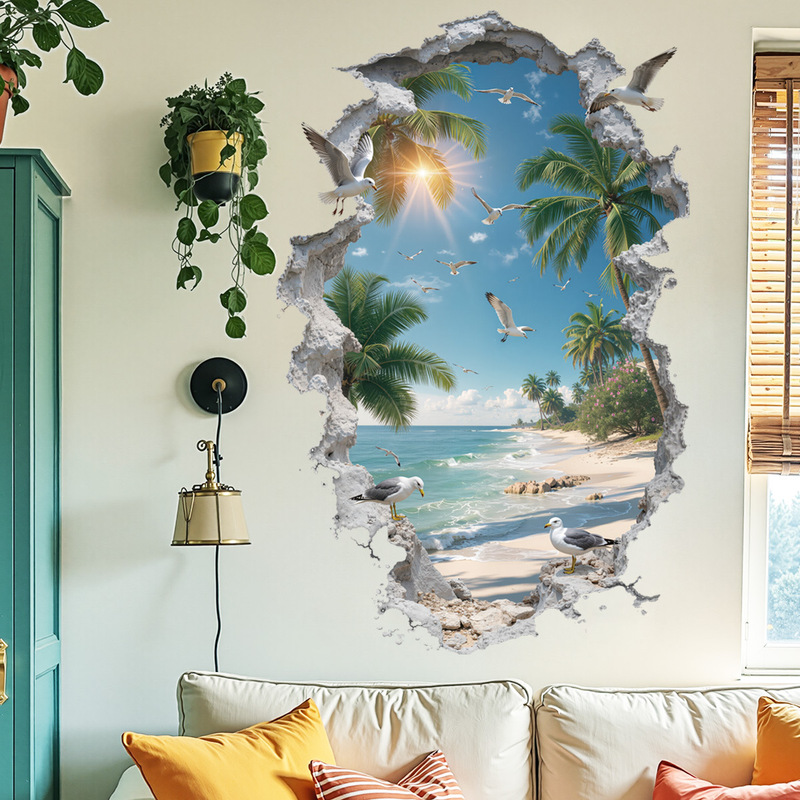 3D Effect Coastal Scenery Stickers Manufacturer Wholesale Sofa Background Wall Coconut Trees Seagulls Removable Wall Stickers 69279 3D Effect Coastal Scenery Stickers Manufacturer Wholesale Sofa Background Wall Coconut Trees Seagulls Removable Wall Stickers 69279