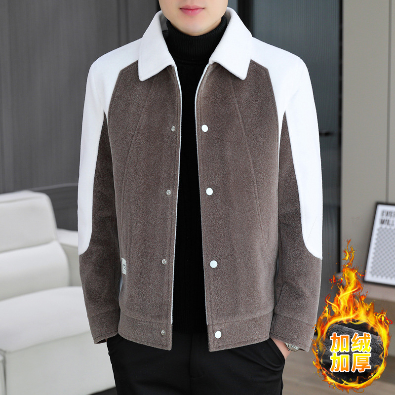 冬季新款仿水貂绒夹克男士翻领韩版拼色加绒短款加厚风衣毛呢外套