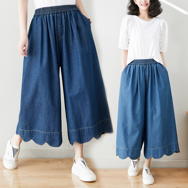 2023 여름 신상품 스트레치 허리 바지 단색 슬리밍 웨스턴 스타일 웨이브 레이스 카프리 바지 여성용 와이드 레그 진