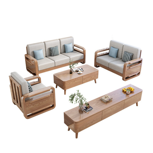 Ash wood solid wood sofa combination modern simple fabric three-seat soft back removable and washable living room home sofa set
