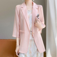 2024春夏薄款七分袖亚麻西装女中长款棉麻显瘦西服上衣白色外套