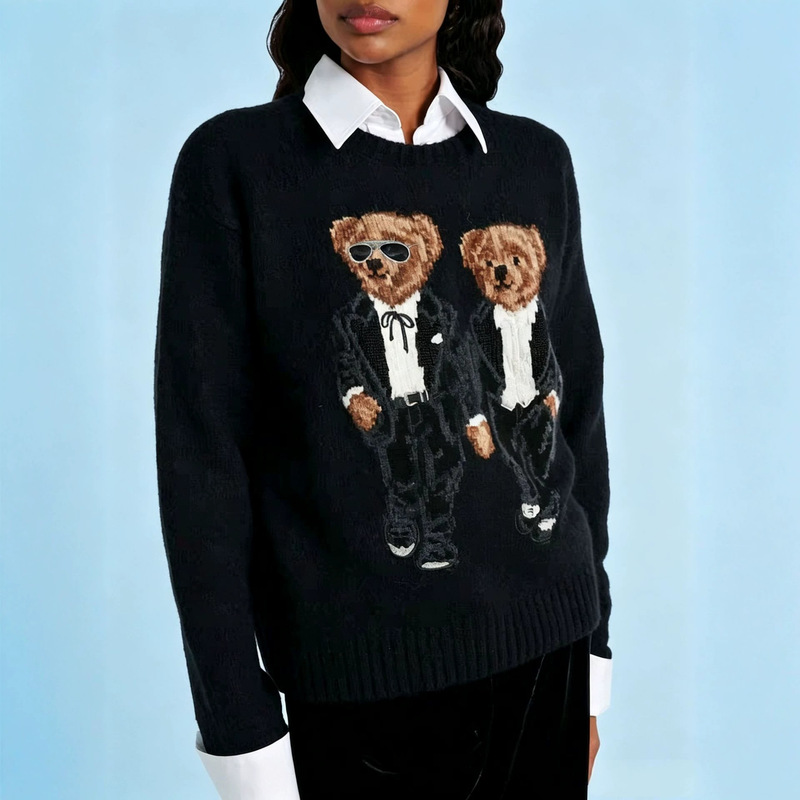 Cross-Border High-Quality Pony Logo Sweater with Qr Code, R-L Alpaca Wool, Heavy Embroidery, Double-Sided Design, Bear-Themed Autumn and Winter Sweater