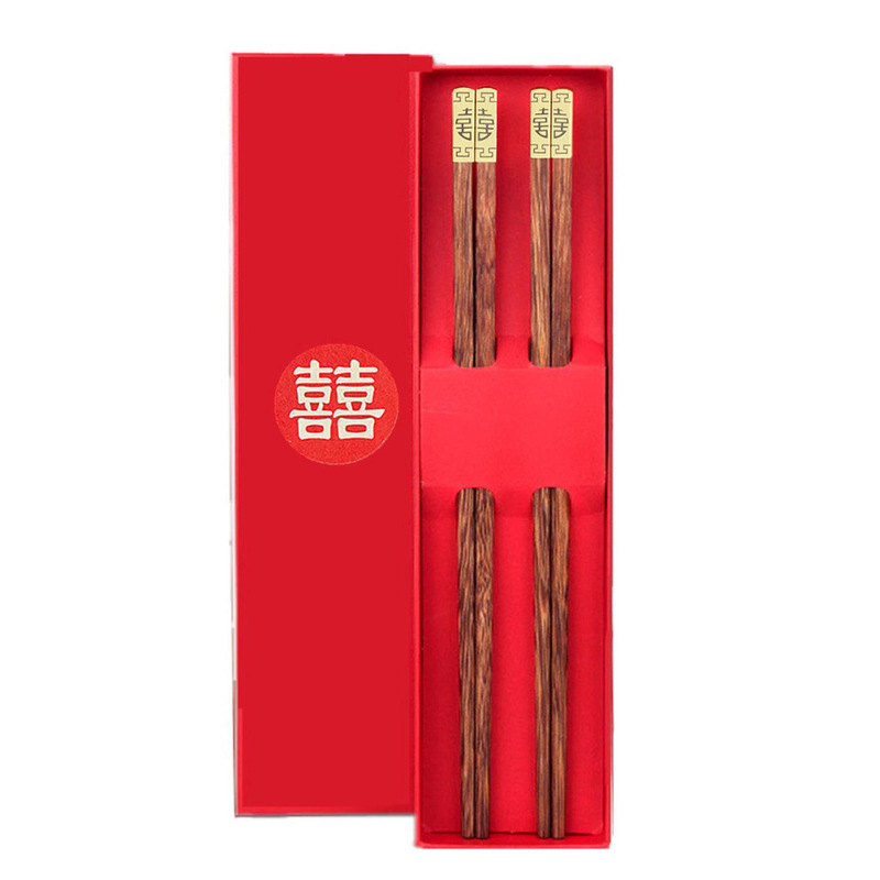 Red sandalwood chicken wing wooden chopsticks 2 pairs gift box Chinese style metal head round top Fu chopsticks box factory wholesale