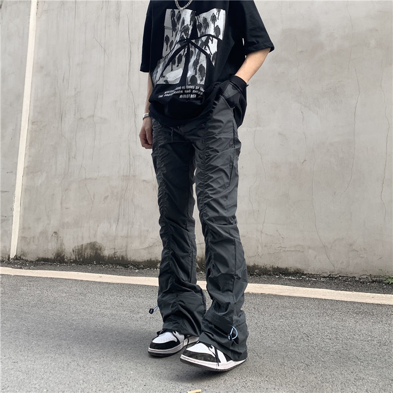 High Street Functional Vibe Style Folded Stacked Micro Horn Long Pants for Men's American Slim Fit Street Instagram Versatile Casual Pants_voghion.com