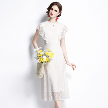 欧洲站实拍现货新款夏季白色蕾丝连衣裙女气质修身蝴蝶袖中长裙潮