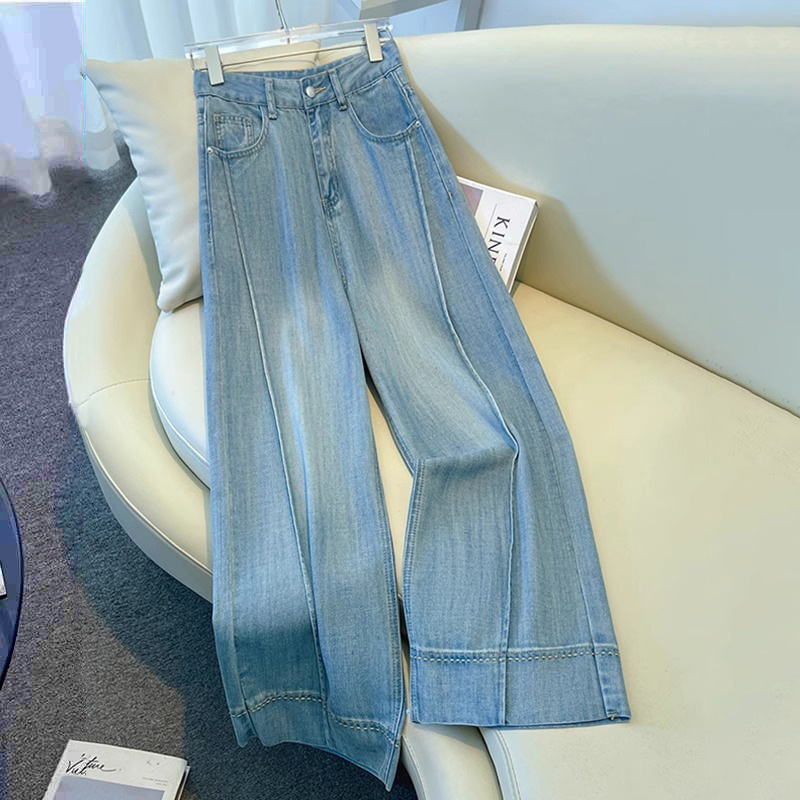 Light-Colored Tencel Wide-Leg Jeans for Women, Summer Thin Style, 2025 New High-Waisted Loose Fit, Petite Nine-Point Straight Pants