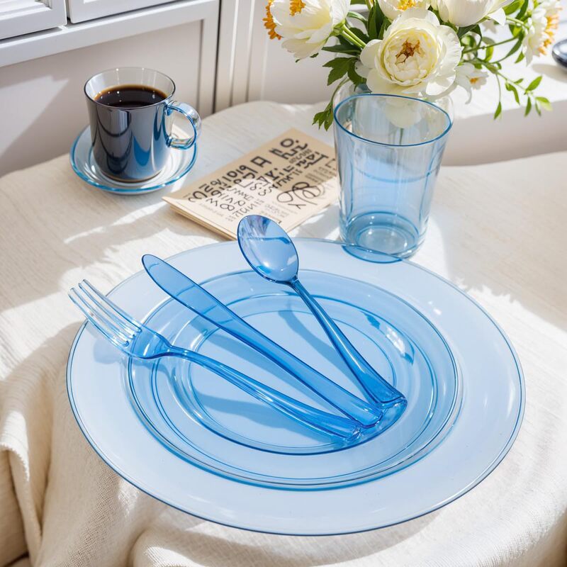 Disposable Plastic Transparent Colorfuled Dinner Plate Plastic Knife, Fork and Spoon Tableware Set Transparent Colorfuled Gold Powder Plate Set