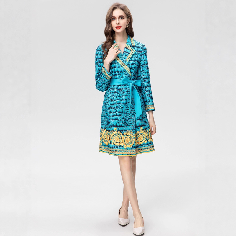 2025 New European and American Style Crocodile Pattern Printed Waist Lace-Up Mid-Length Windbreaker Women's Fashion Jacket