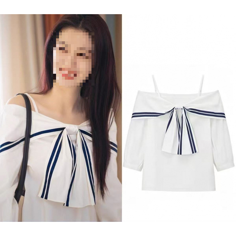 Love Has Its Fireworks: Wang Churan's Same Style One-Shoulder Nautical Style Color-Blocking Elegant Shirt with Bow and Mid-Sleeves, White Blouse Love Has Its Fireworks: Wang Churan's Same Style One-Shoulder Nautical Style Color-Blocking Elegant Shirt with Bow and Mid-Sleeves, White Blouse