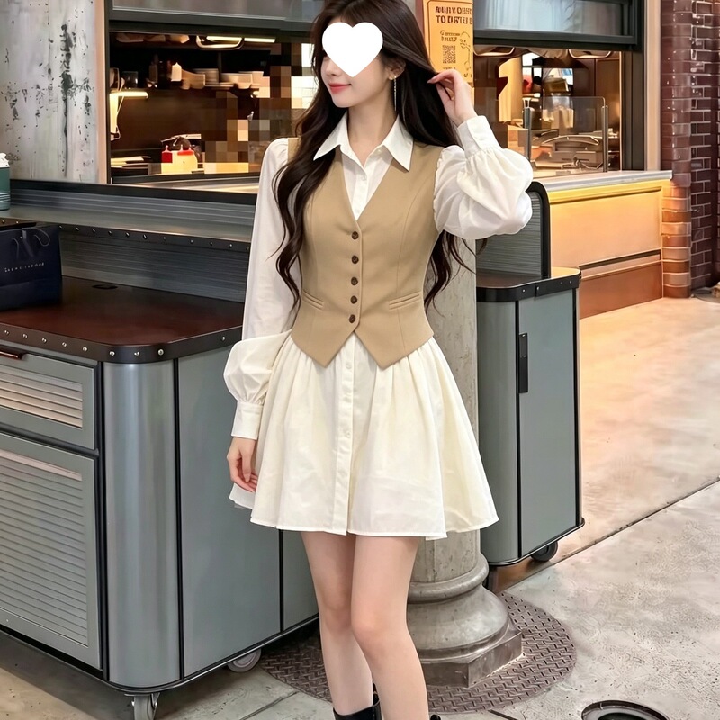 Fake two-piece vest shirt dress for women, autumn waist-cinching slimming lantern sleeve short skirt, college style, suitable for petite women