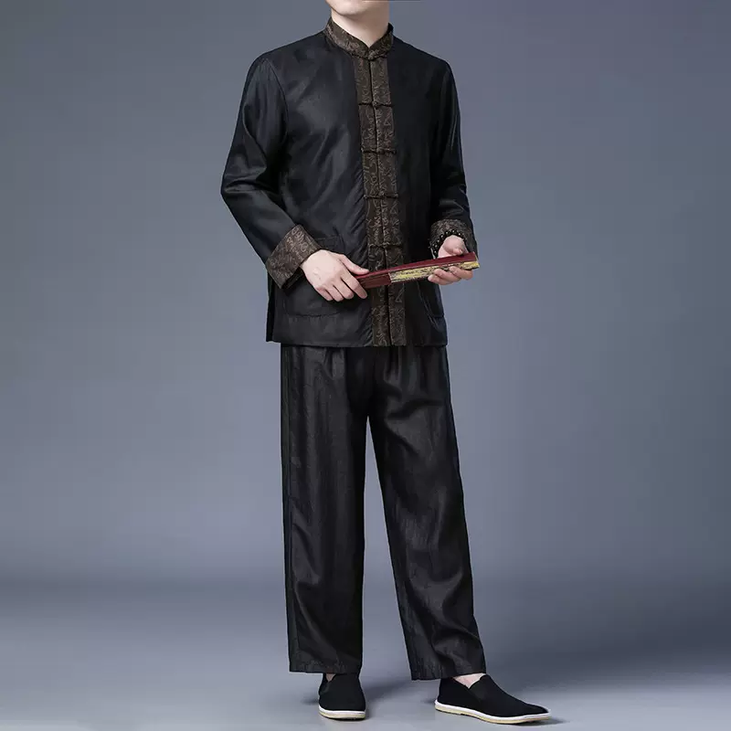 100%桑蚕丝套装重磅香云纱男士新款真丝上衣春季男裤中式唐装外套